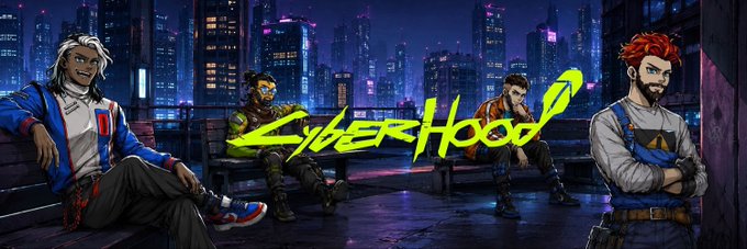 A neon “CyberHood” banner overlays an illustrated group of four cyberpunk characters in a futuristic city.