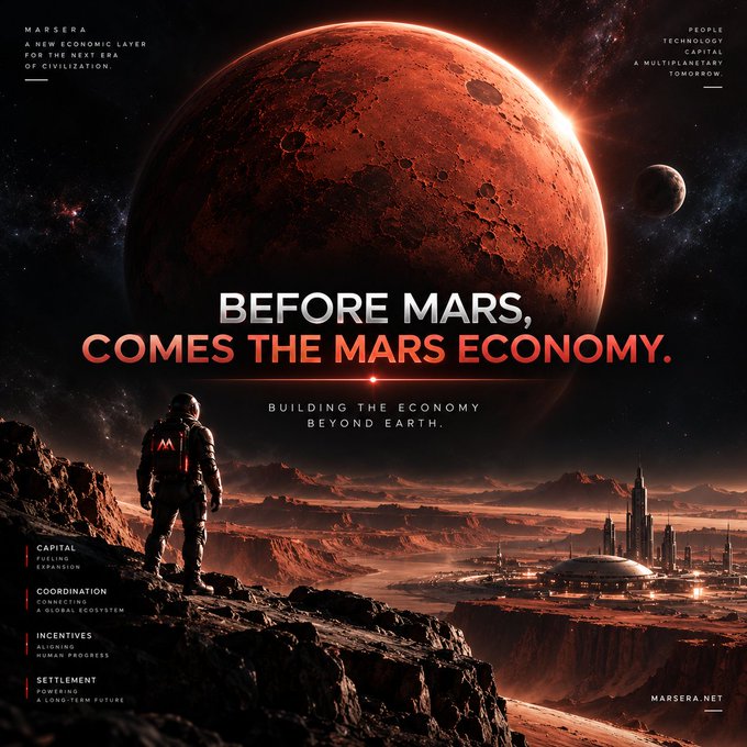 A cinematic Mars economy advertisement reading 'BEFORE MARS, COMES THE MARS ECONOMY. BUILDING THE ECONOMY BEYOND EARTH,' featuring an astronaut overlooking a futuristic colony, with sections on Capital, Coordination, Incentives, and Settlement at marsera.net.