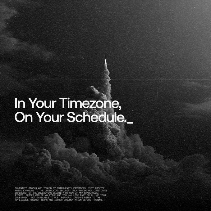 A monochrome rocket ascends through clouds with the headline "In Your Timezone, On Your Schedule." overlaid, accompanied by fine-print disclaimers noting that tokenized stocks are issued by third-party providers and involve risk of total loss. The imagery reinforces the post's message about 24/7, borderless access to tokenized US stocks, ETFs, and TradFi perps beyond traditional market hours.