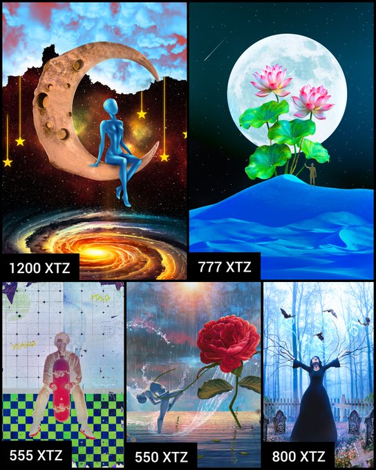 Five digital art pieces with prices in XTZ cryptocurrency, including a figure on a crescent moon (1200 XTZ), lotus flowers under a moon (777 XTZ), an anatomical drawing (555 XTZ), a figure with a red rose (550 XTZ), and a figure in a forest (800 XTZ).