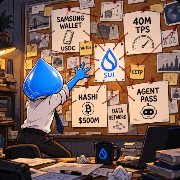An illustrated detective with a blue droplet-shaped head examines a corkboard filled with notes about SUI blockchain, including 'SAMSUNG WALLET', '40M TPS', 'USDC', 'WALRUS', 'CCTP', 'AGENT PASS', 'HASHI', and '$500M'.