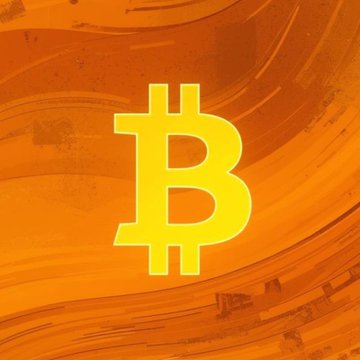 The Bitcoin logo in yellow on an orange painted background.