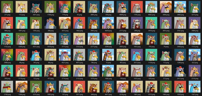 A grid collection of pixel art animal character NFTs with various backgrounds, each labeled with file names and numbers.