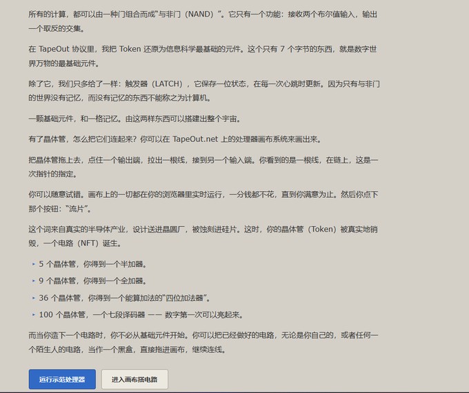 The image shows a Chinese-language webpage describing "TapeOut," an NFT marketplace where users can design and sell tokenized circuits (called "Tokens") built from NAND gates and latches, with pricing tiers at 5, 9, 36, and 100 transistors. Buttons at the bottom read "运行示波处理器" (Run Oscilloscope Processor) and "进入画布电路" (Enter Canvas Circuit), aligning with the post's excitement about an experimental NFT marketplace launching soon.