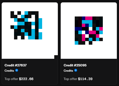 Two digital credit listings displayed on a dark background, showing 'Credit #27637' with a top offer of $222.66 and 'Credit #25095' with a top offer of $114.39.