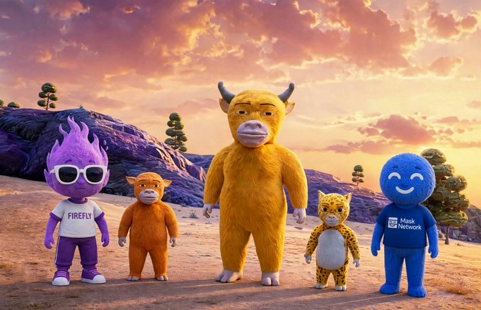 Five colorful mascot characters stand together on a sandy landscape at sunset, with a purple flame-headed figure wearing a "FIREFLY" shirt, a blue character displaying "Mask Network," and three other furry creatures (orange, large yellow bull-like, and small cheetah) between them. The "so back" caption and the retro-style mascots evoke a nostalgic, early-internet revival aesthetic.