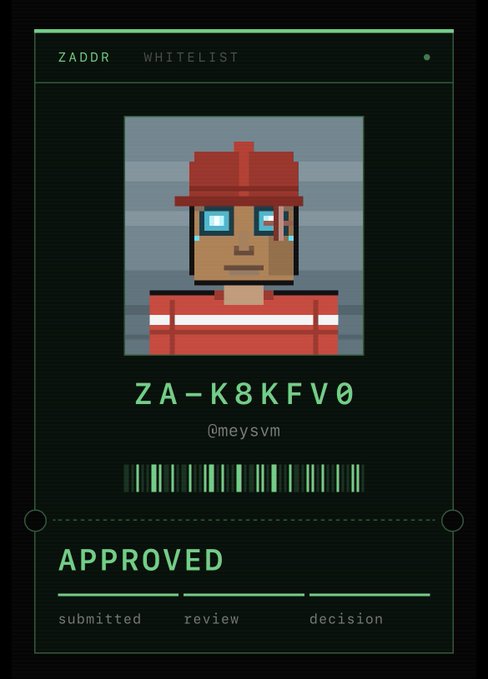 Digital ID card or profile interface titled 'ZADDR WHITELIST' displaying a pixel art character with a red cap, the username 'ZA-K8KFV0', and an 'APPROVED' status.