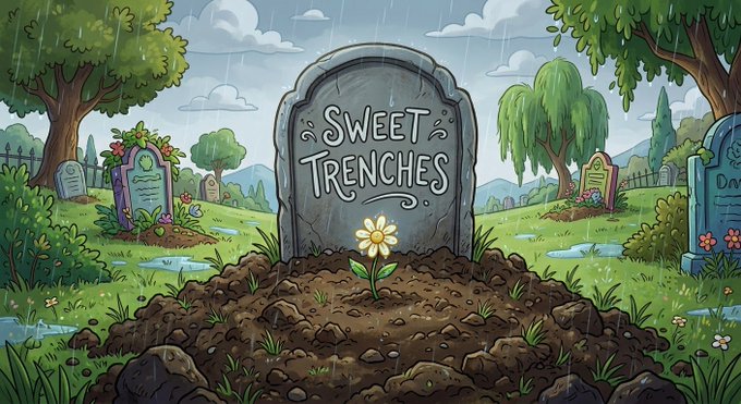 A cartoon illustration shows a graveyard scene in the rain with a tombstone that reads 'SWEET TRENCHES' and a single flower growing in front.