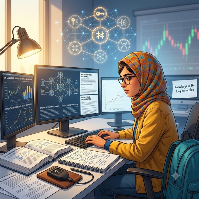 A young woman wearing a hijab and glasses studies complex data and blockchain diagrams on multiple computer screens in a high-tech setting. The image visually represents the post's message by illustrating the deep, technical focus required for long-term learning and intellectual growth.