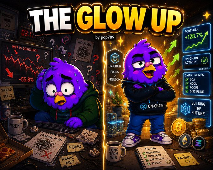 A cartoon image titled 'THE GLOW UP by pop789' showing a purple bird character's transformation from a stressed trader (-55.8% portfolio) to a confident on-chain investor (+128.7% portfolio), with notes about 'FOCUS FREEDOM', 'SMART MOVES', 'BUILDING THE FUTURE', and 'LONG TERM WIN'.