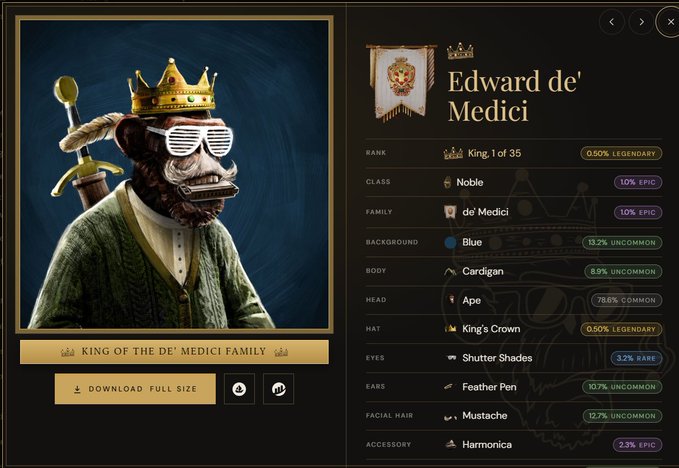 An NFT profile card for "Edward de' Medici" displayed on a dark interface, showing an ape wearing a crown and shutter shades, with attributes like "Noble" class and rarity percentages.