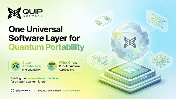 A promotional graphic for QUIP Network, described as 'One Universal Software Layer for Quantum Portability' with cross-architecture interoperability and write-once, run-anywhere applications at quip.network.