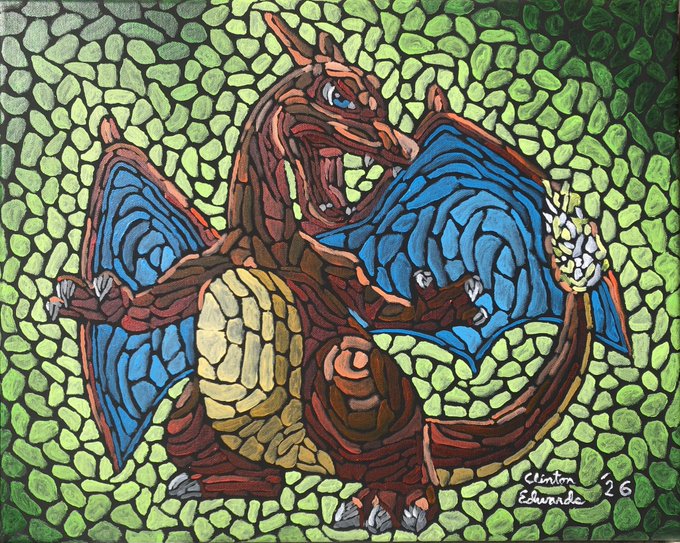 Vibrant mosaic-style drawing of a red and blue dragon with a yellow belly, signed 'Clinton Edwards '26'.