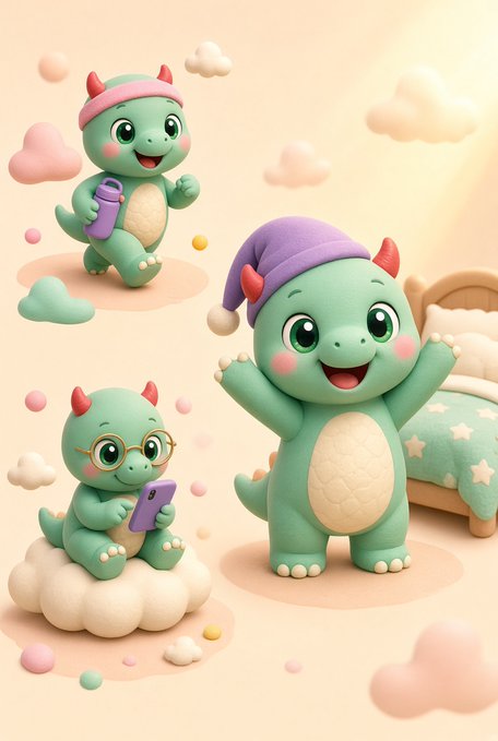 A 3D rendering of three cute, green cartoon dragons; one is exercising, one is in a sleeping cap, and one with glasses is looking at a smartphone.