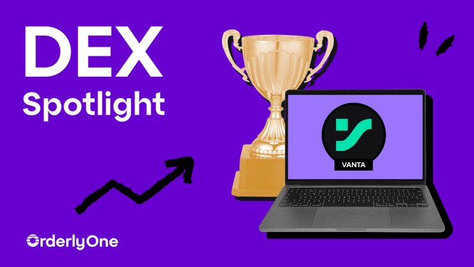 A vibrant purple graphic titled "DEX Spotlight" features a laptop with the Vanta logo alongside a gold trophy and an upward-trending arrow, celebrating Vanta Exchange as Orderly's top DEX. The OrderlyOne branding appears in the bottom corner, visually highlighting the exchange's top-performing status with imagery of growth and achievement that complements the impressive $347M trading volume figures.