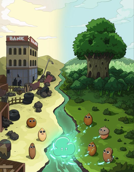 A cartoon-style illustration showing a polluted bank on a barren landscape on the left and a lush tree of life on the right, with small brown characters gathered around a glowing green spirit in a stream between them.