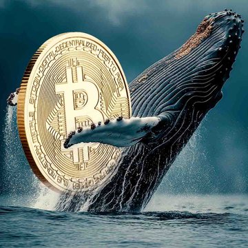 In this image, there's a whale that has been captured holding a Bitcoin coin above its head. The whale appears to be in a struggle as it holds onto the Bitcoin coin with its tail fin. The Bitcoin coin has a golden hue and is prominently displayed in the scene next to the whale. The background of the image reveals an ocean setting, likely representing the depths where these coins are being held captive by this marine creature.