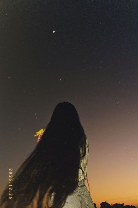 A nighttime photograph dated 2025.12.26 showing the back of a person with long dark hair holding a yellow flower, gazing up at a starry sky with an orange horizon.