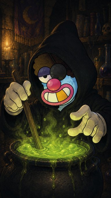 A cartoonish clown character with a red nose and floppy hat dressed in a dark wizard robe, stirring a glowing green cauldron filled with eyeballs.