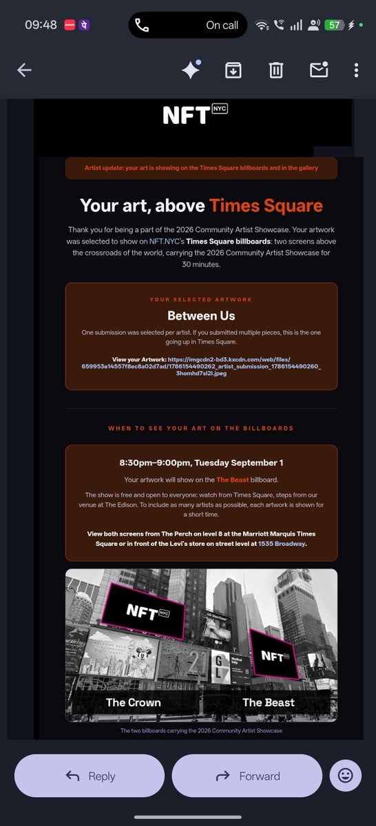 An email screenshot from NFT.NYC announces the '2026 Community Artist Showcase' for a piece titled 'Between Us' on Times Square billboards on 'Tuesday September 1' at '8:30pm-9:00pm'.