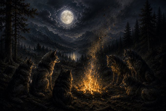 A dark fantasy illustration depicting a pack of wolves gathered around a glowing campfire under a full moon, with a misty forest and lake in the background.