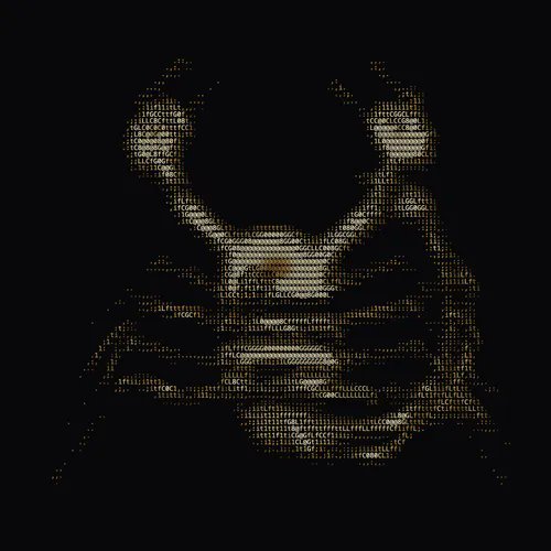 A pixelated, mosaic-style portrait of a man's face rendered in dark tones emerges from a black background.