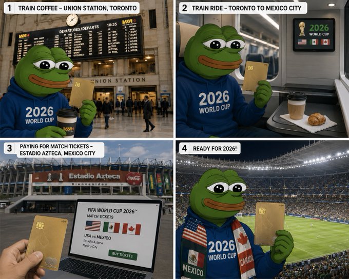 The image features a cartoon frog holding a gold card that says "2026 World Cup" written on it. The frog appears to be at a train station or subway platform with a sign for Union Station, indicating its location. In addition to the main scene of the frog holding the card, there are other smaller images in the background showing various aspects of the event, such as people waiting for trains and buses, a clock on the wall, and a cup of coffee. The overall theme is related to the upcoming World Cup, with the frog symbolizing the excitement and anticipation surrounding the event.