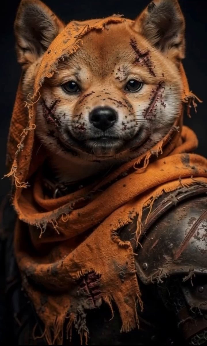 The image features a dog wearing a scarf that has frayed edges and appears to have been used multiple times. The dog's face is adorned with blood, giving it an eerie appearance. The caption of the image reads "They said: $DOG won't be an easy journey → They Lied I’ve been here from day One, enjoying every single day of it". This message seems to be a warning or advice about the challenges and difficulties that come with raising a dog, as indicated by the dog's scarred appearance.