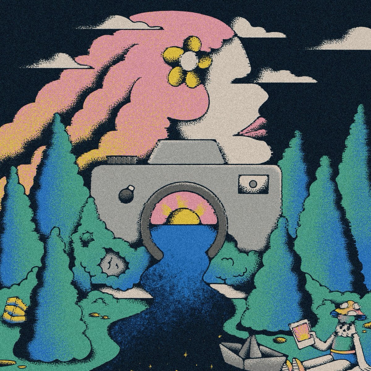 The image features a woman's face with a flower, surrounded by trees and a river. The background of the image has a pink and blue color scheme, which complements the overall theme. There are two people present in the scene - one person is sitting on a boat while another person is standing next to them. A clock can be seen near the center of the image as well. The post seems to be related to an auction or sale event for a painting by a famous artist, with the focus being on the woman's face and the surrounding elements in the scene.