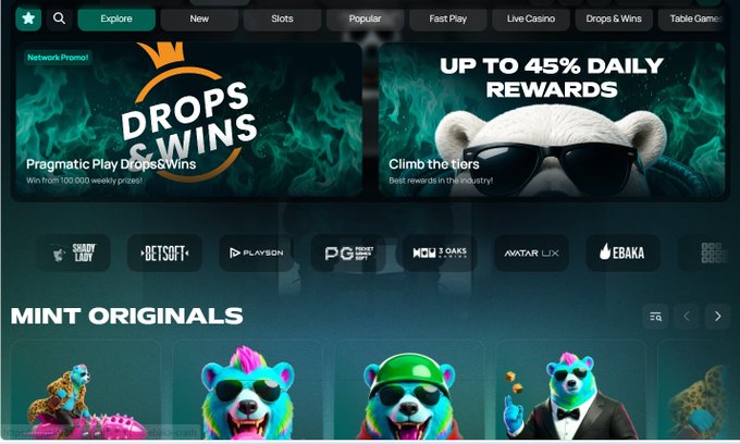 A gaming website displays 'Drops & Wins' and 'UP TO 45% DAILY REWARDS' promotions above a 'MINT ORIGINALS' section featuring colorful animal characters.