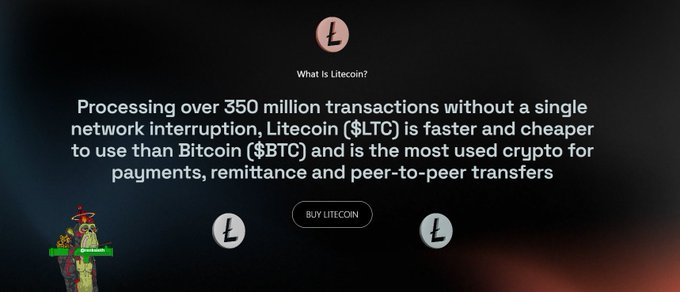A promotional graphic for Litecoin (LTC) featuring the text "What is Litecoin?" and a description highlighting that it has "Processed over 350 million transactions without a single network interruption," positioning it as "faster and cheaper to use than Bitcoin ($BTC)" for payments, remittance, and peer-to-peer transfers, with a "BUY LITECOIN" button. The image visually reinforces the accompanying post's emphasis on Litecoin's reliability and practical utility over Bitcoin for everyday transactions, echoing the 350 million transaction statistic and the focus on $LTC versus $BTC.