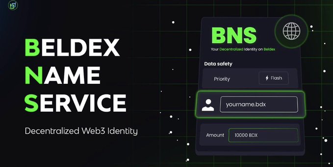 A promotional graphic for 'BELDEX NAME SERVICE' (BNS) describing it as 'Decentralized Web3 Identity' alongside an interface mockup for registering a '.bdx' domain for '10000 BDX'.