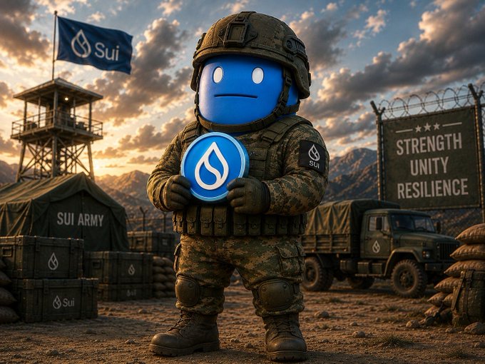 A blue cartoon character in military camouflage gear and helmet holds a coin with a droplet logo, standing in a desert military base with "Sui" branding and a banner reading "STRENGTH UNITY RESILIENCE".