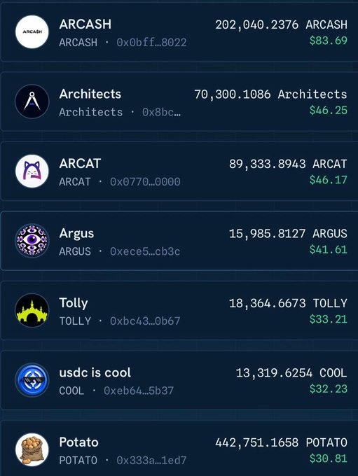 A screenshot of a crypto wallet displaying airdropped tokens, including ARCASH ($83.69), Architects ($46.25), ARCAT ($46.17), Argus ($41.61), Tolly ($33.21), "usdc is cool" ($32.23), and Potato ($30.81), with corresponding token amounts and contract addresses, illustrating the passive airdrop rewards mentioned in the post about holding $ARCX10 on the ARC ecosystem.
