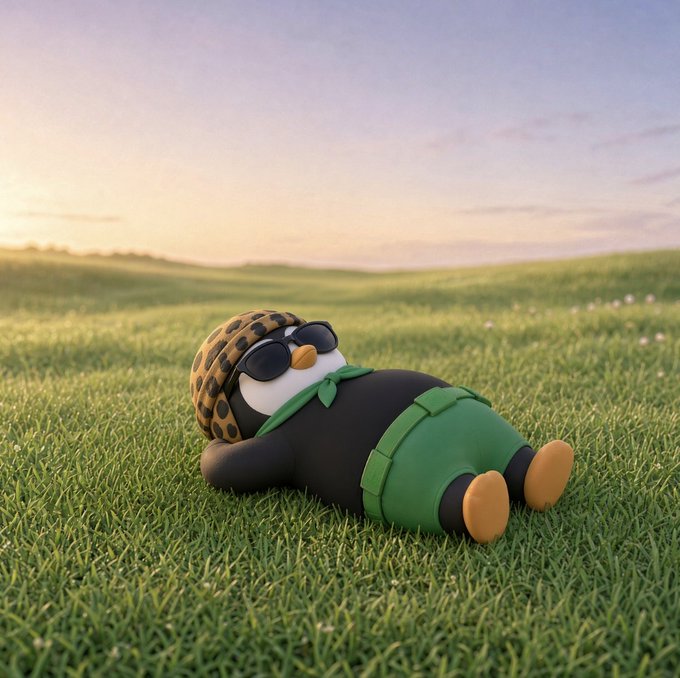 A 3D-rendered cartoon penguin wearing sunglasses, a leopard-print hat, and green shorts, lying on its back in a grassy field at sunset.