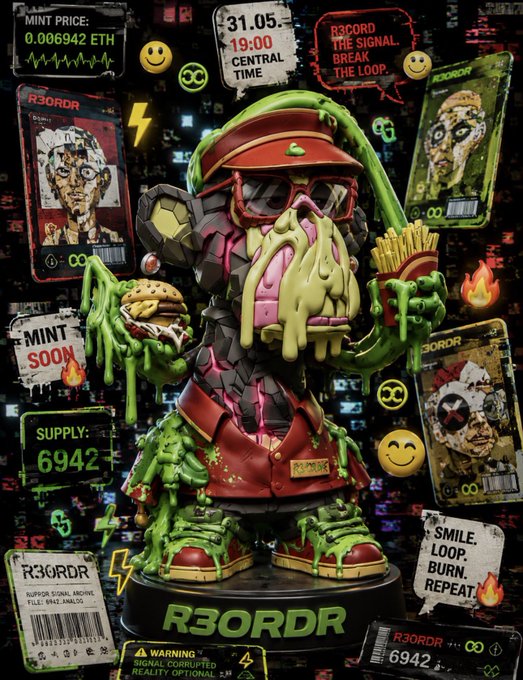 The image shows a graphic featuring a monkey with a green face, dressed as a human, holding a greasy hot dog and eating it. The monkey also has a red hat on and some googly eyes attached to its face. The background of the image is black, and various stickers are scattered around. There are multiple signs in the image including a warning about mint supply being limited by 2 days. Some descriptions include: "Mint here", "#PureCommunity hype. @R3ORDR" and "@R3ORDR".