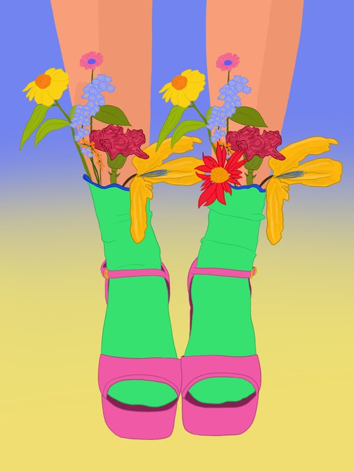 A digital illustration featuring a pair of legs wearing bright green and pink platform high-heeled shoes, with colorful bouquets of flowers (including sunflowers and roses) emerging from the tops of the shoes against a gradient blue and yellow background.