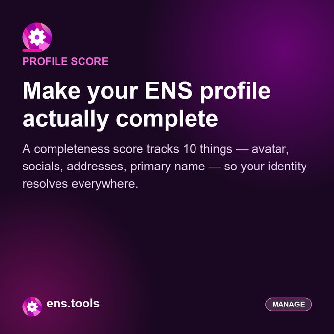 Promotional graphic for ens.tools featuring a 'PROFILE SCORE' badge and text reading 'Make your ENS profile actually complete,' explaining a 10-point completeness score for identity resolution.