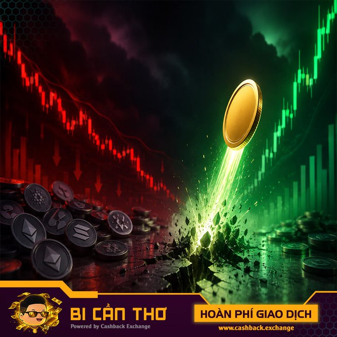 The image depicts a golden coin rocketing upward on a green candlestick chart on the right, contrasted by a crashing red downward chart on the left, symbolizing a single standout token's explosive 1,700% surge against the broader altcoin market decline. It includes branding for "BÍ CÂN THƠ Powered by Cashback Exchange" with a promotional banner offering "HOÀN PHÍ GIAO DỊCH" (transaction fee refund).