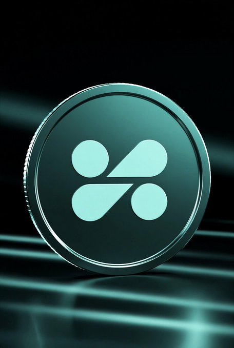 A 3D render of a metallic coin featuring a stylized logo with four rounded leaf-like shapes, set against a dark background with glowing teal lines.