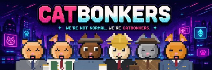 Pixel art banner for 'CATBONKERS' reading 'WE'RE NOT NORMAL. WE'RE CATBONKERS' featuring five cat characters in various outfits against a neon cityscape with NFT logos.