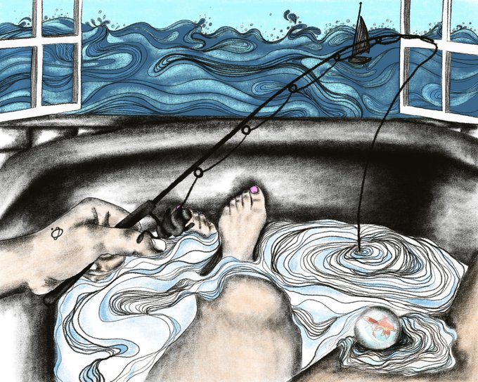 A surrealist artwork showing feet resting on patterned fabrics in the foreground, with a stylized ocean view of blue waves and a sailboat framed by windows in the background.