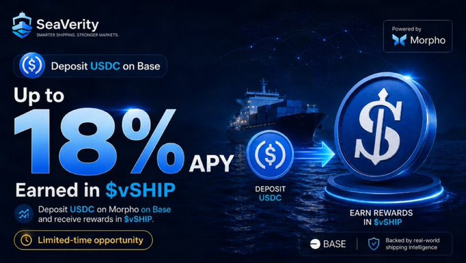 An advertisement for SeaVerity, powered by Morpho, promoting "Up to 18% APY Earned in $vSHIP" by depositing USDC on Base, with imagery of a cargo ship and a large dollar sign coin.