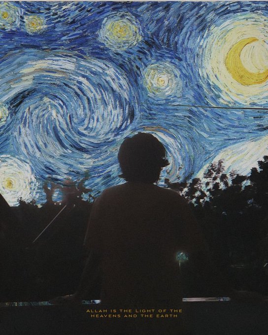 A silhouetted figure stands against a vibrant "Starry Night"-style backdrop with swirling skies and a glowing moon, accompanied by the text "ALLAH IS THE LIGHT OF THE HEAVENS AND THE EARTH." The image evokes peaceful slumber and divine watchfulness, visually reinforcing the post's message about the sacred, often overlooked nature of sleep data shared nightly with services like @sleepagotchi.