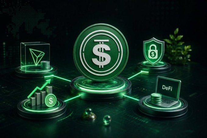 A green-themed 3D graphic illustrates decentralized finance (DeFi) concepts, featuring a central dollar coin connected to icons representing security, growth, and digital currency.