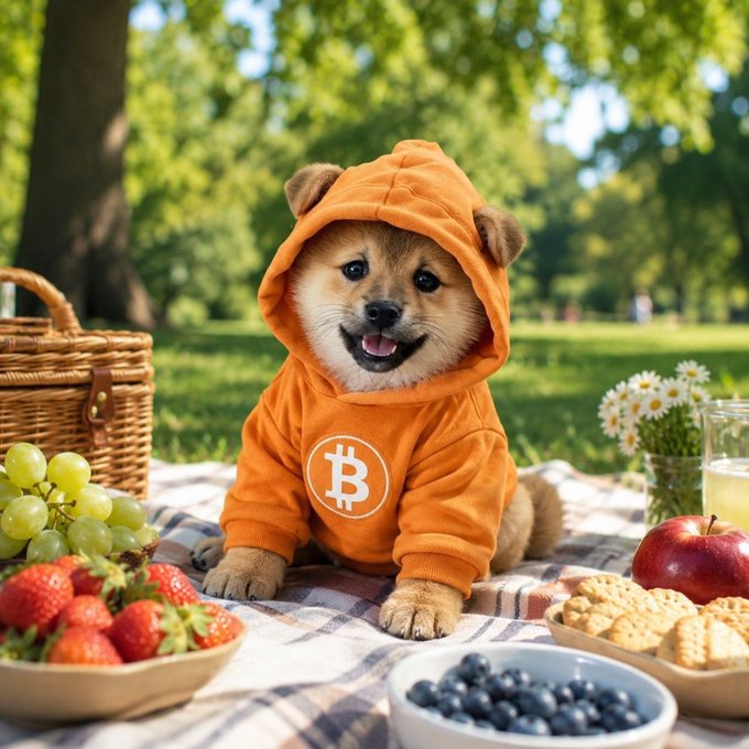 An adorable puppy wearing an orange hoodie with a Bitcoin (₿) logo, sitting on a picnic blanket surrounded by fresh fruit including strawberries, grapes, blueberries, and apples in a park setting.