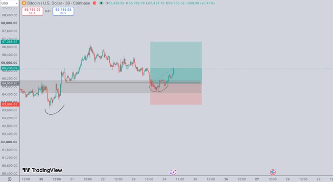 A TradingView chart of Bitcoin (BTC/USD) on Coinbase's 30-minute timeframe shows price action around $65,735, with a circled entry point and an upward arrow indicating a long position that closed near resistance at $65,800-66,000, matching the trader's +$800 profit-taking move after enduring choppy consolidation.