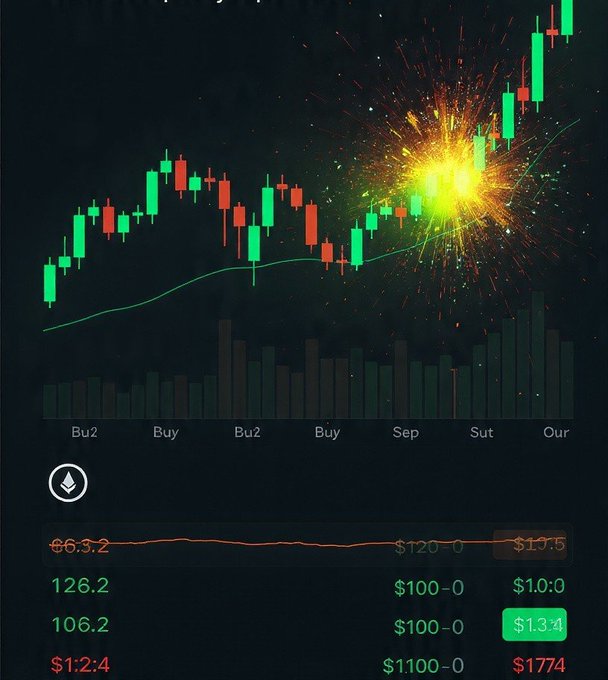 A financial trading chart with candlestick patterns showing an upward trend with a bright explosion effect, displaying dates like 'Buy', 'Sep', 'Sut', 'Our' along the x-axis and various price values in red and green text below.