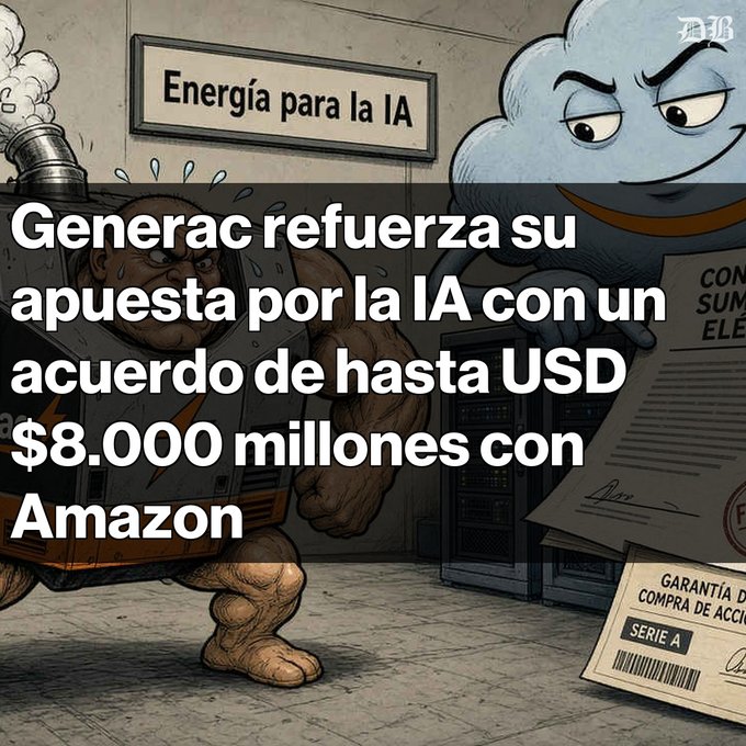 A graphic with Spanish text reading 'Generac refuerza su apuesta por la IA con un acuerdo de hasta USD $8.000 millones con Amazon', set against an illustration of a muscular character and an angry cloud labeled 'Energía para la IA'.