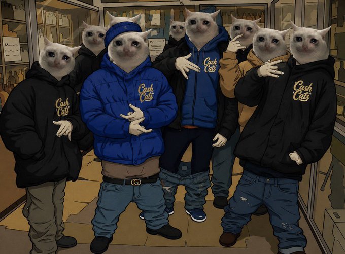 An AI-generated or stylized image of a group of figures with cat heads wearing hoodies branded with 'Cash Cats' in various colors (black, blue, brown) posing in what appears to be a warehouse or store.